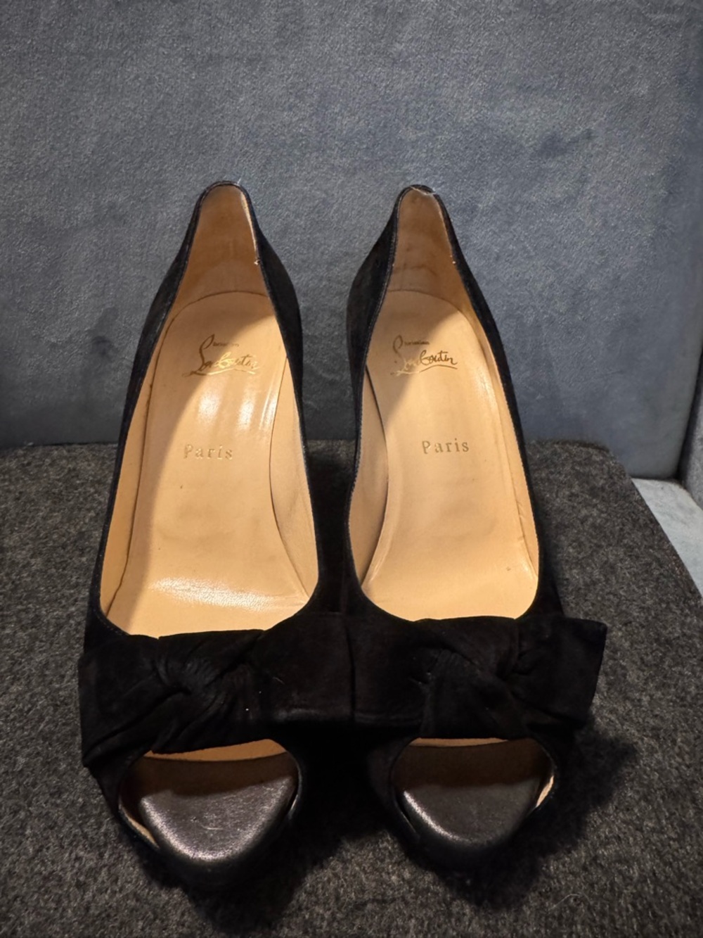 Christian Louboutin Black Suede Peep-Toe Pumps with Front Knot